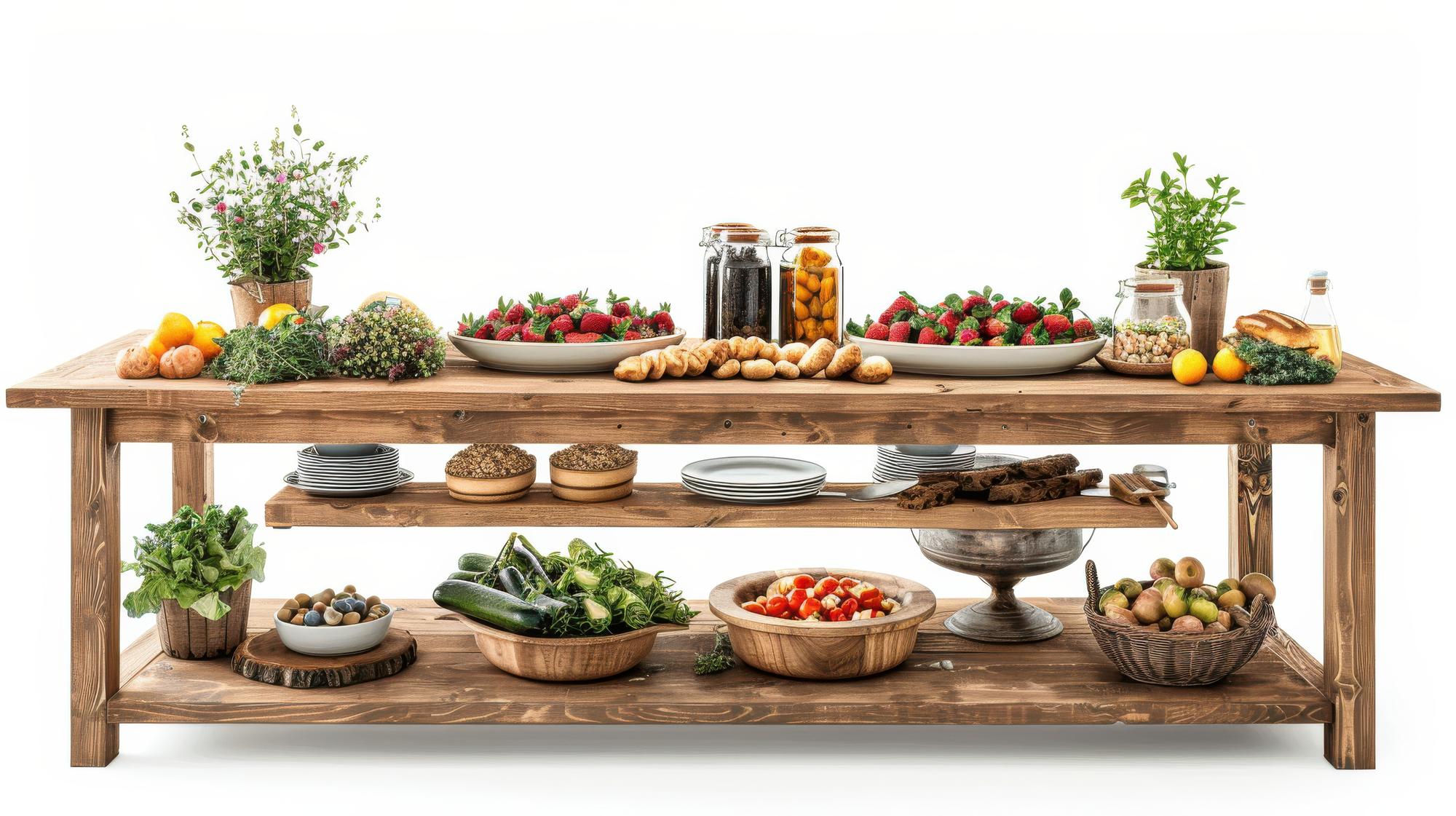 Long wooden table set for a workshop with ingredients
